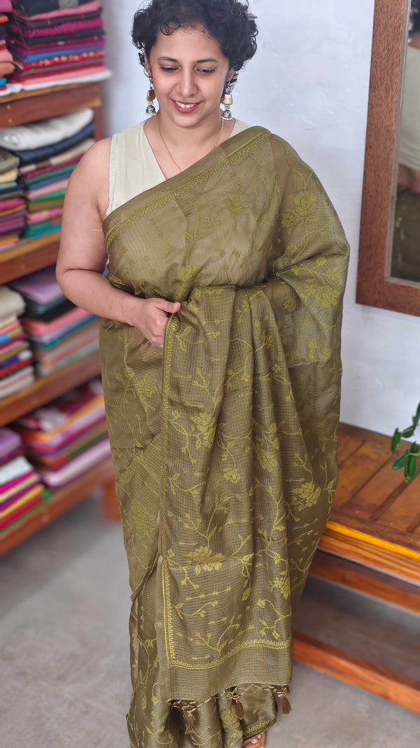 Olive Green Kota Saree with Cross Stitch Embroidery - LWS3