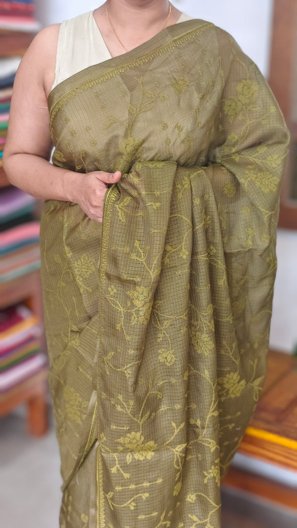 Olive Green Kota Saree with Cross Stitch Embroidery - LWS3