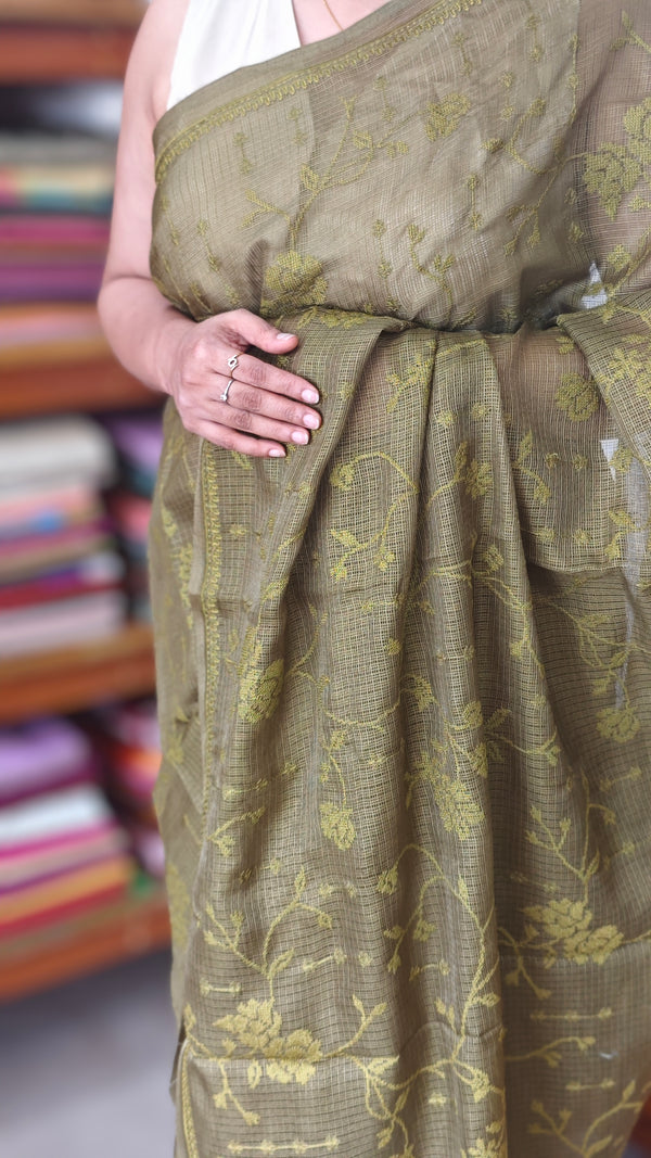 Olive Green Kota Saree with Cross Stitch Embroidery - LWS3