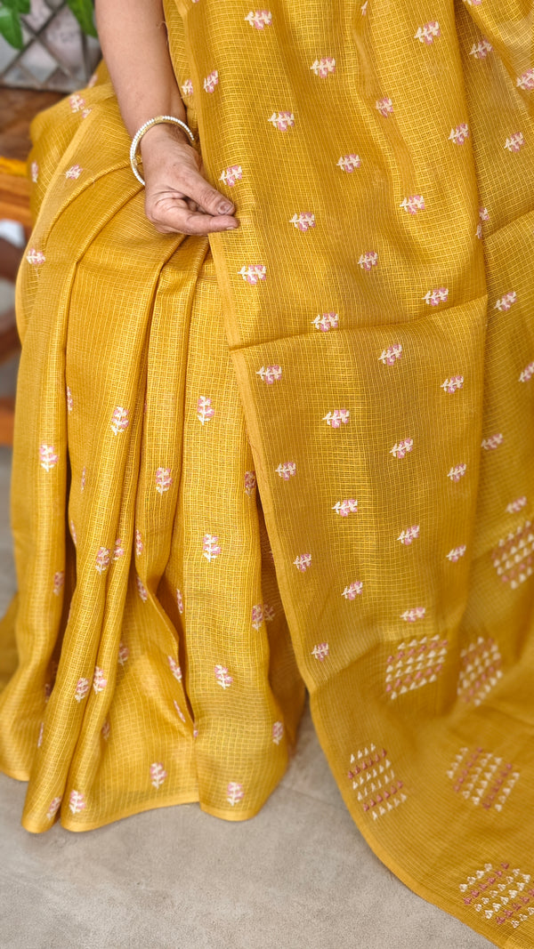 Mustard Yellow Cross Stitch Embroidered Kota saree - LWS3