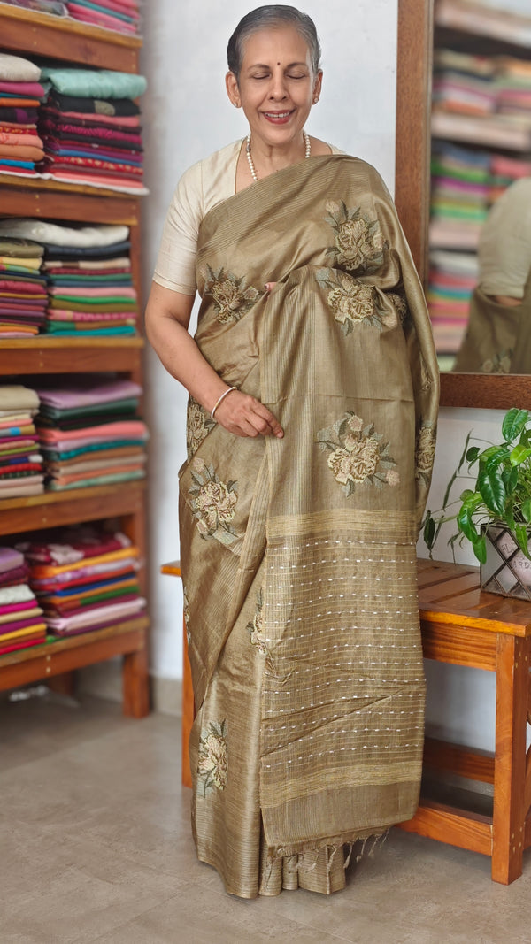 Olive Green Tussar Silk Saree with Cross Stitch Embroidery - ADZ67