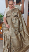 Olive Green Tussar Silk Saree with Cross Stitch Embroidery - ADZ67