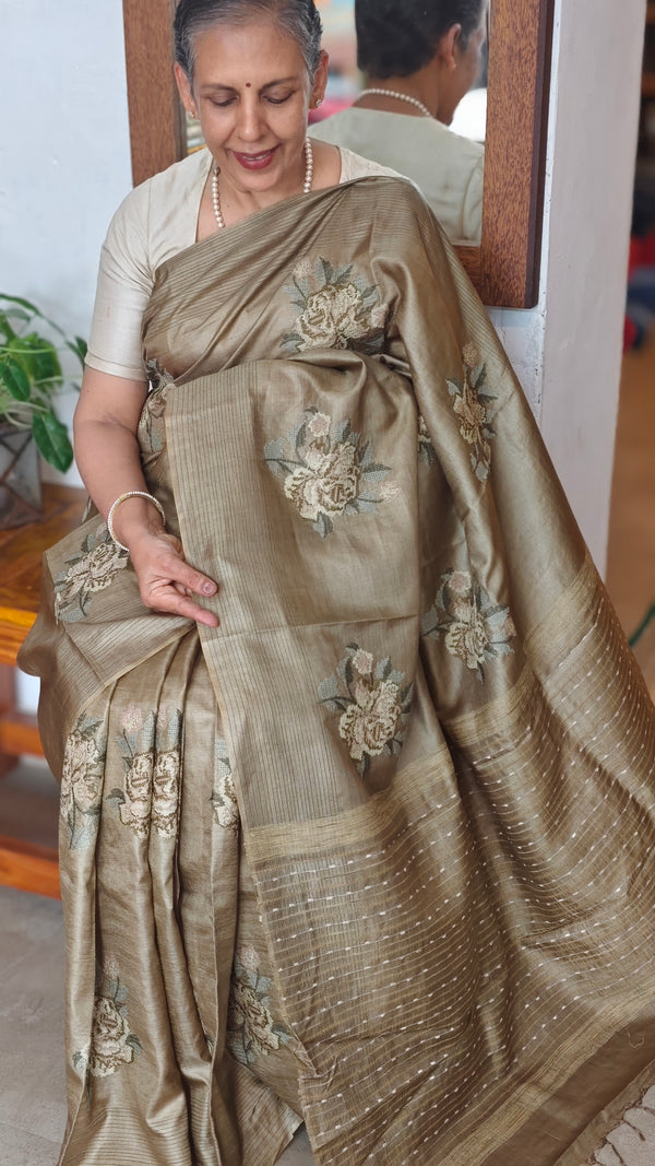 Olive Green Tussar Silk Saree with Cross Stitch Embroidery - ADZ67