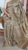 Olive Green Tussar Silk Saree with Cross Stitch Embroidery - ADZ67