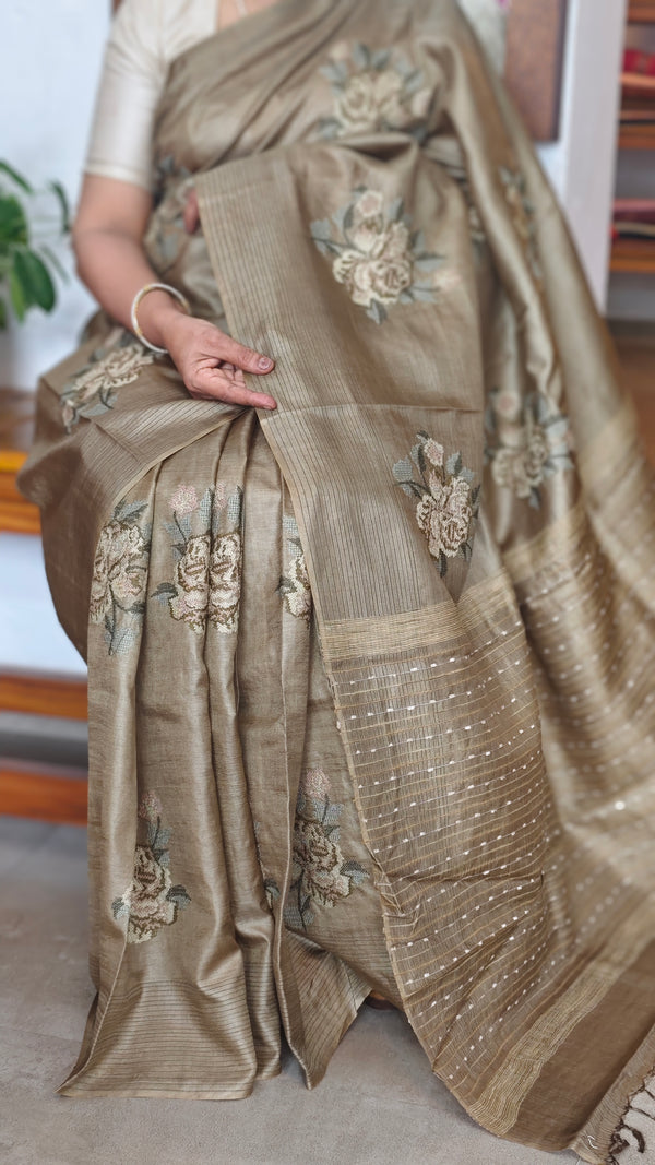 Olive Green Tussar Silk Saree with Cross Stitch Embroidery - ADZ67