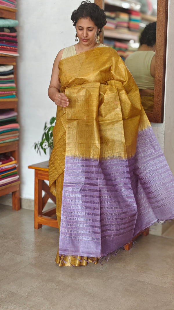 Mustard and Lavender Pure Tussar Silk Saree