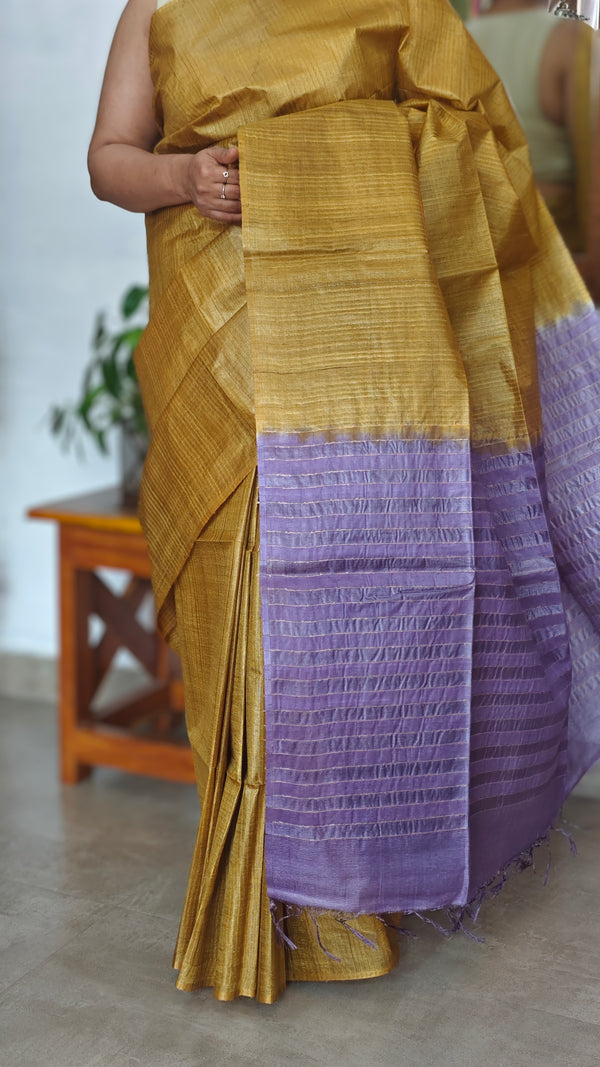 Mustard and Lavender Pure Tussar Silk Saree