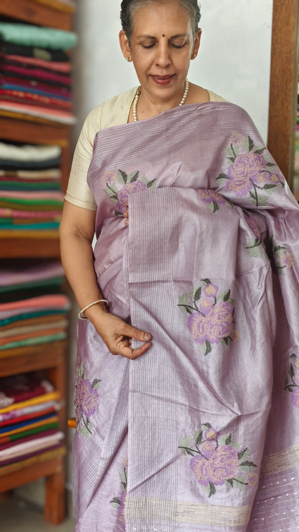 Lavender Tussar Silk Saree with Cross Stitch Embroidery - ADZ67