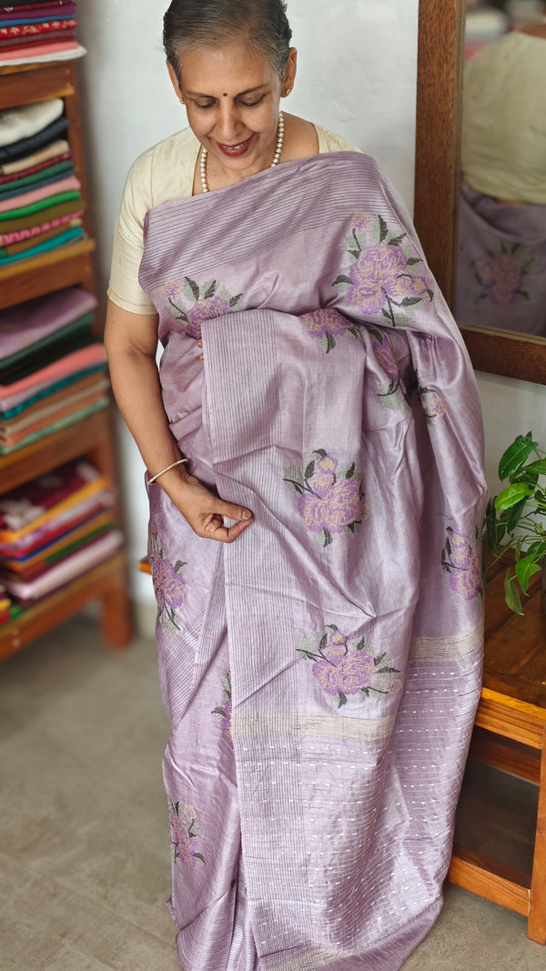 Lavender Tussar Silk Saree with Cross Stitch Embroidery - ADZ67