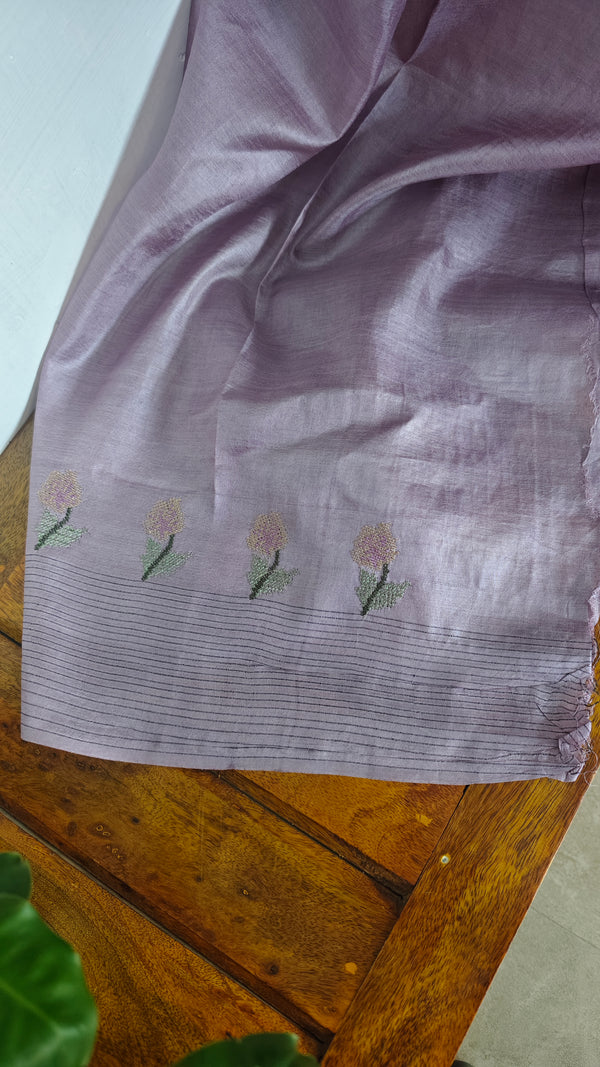 Lavender Tussar Silk Saree with Cross Stitch Embroidery - ADZ67
