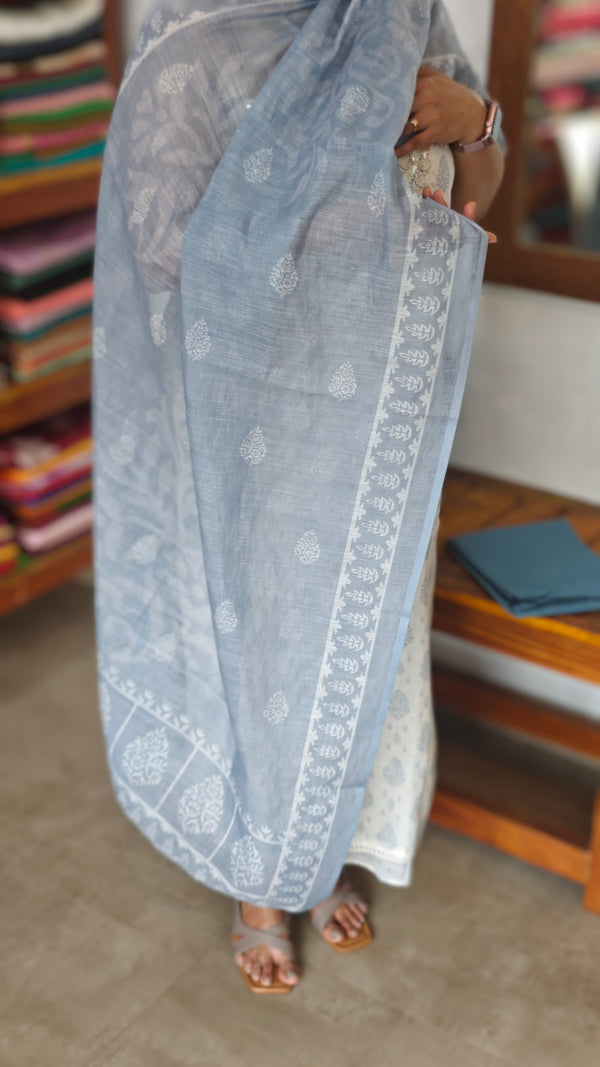 Cream and Bluish Grey Printed Linen Suit - S864 - 2