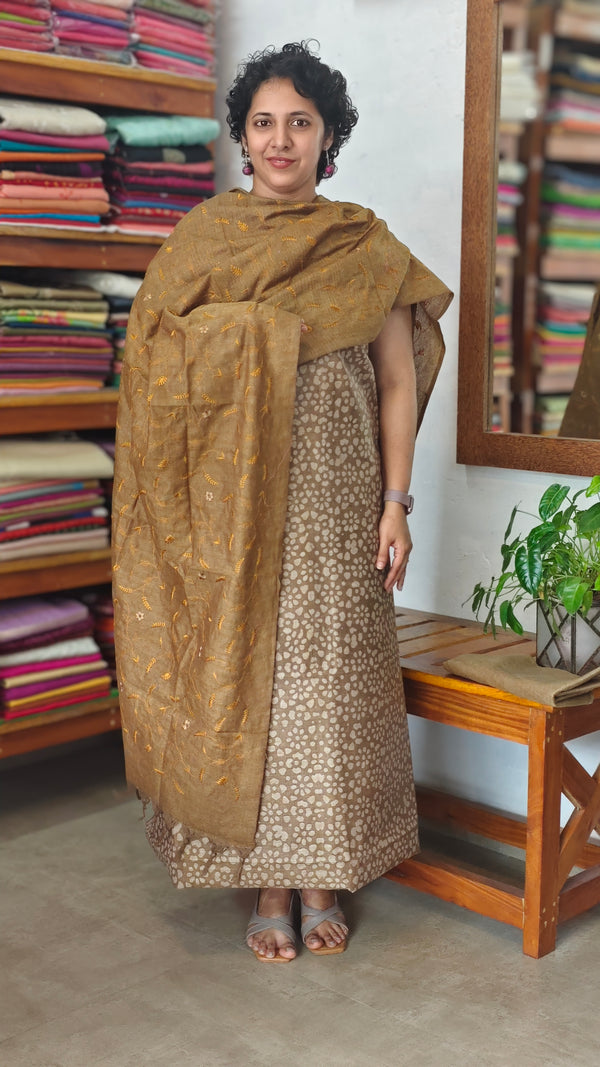 Brown Batik Suit with Embroidered Dupatta