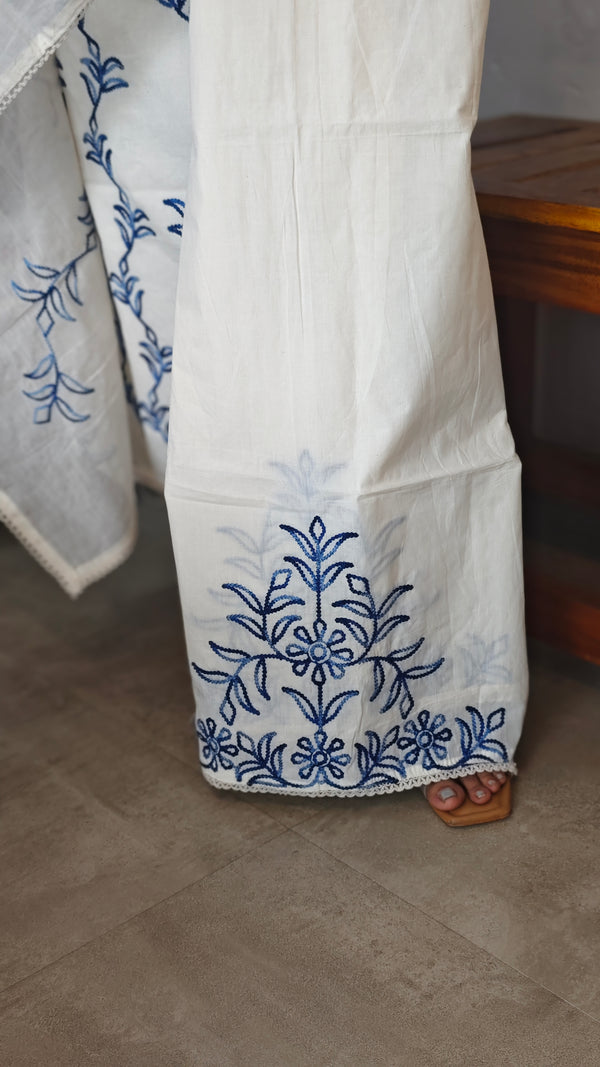 Off White and Blue Embroidered Cotton Suit