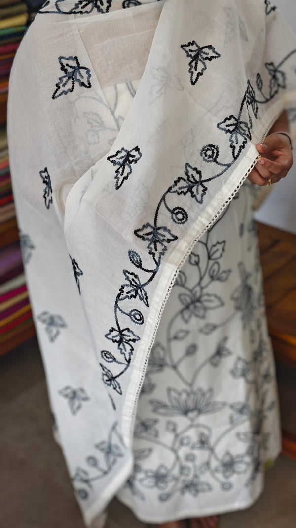 Off White and Black Embroidered Cotton Suit