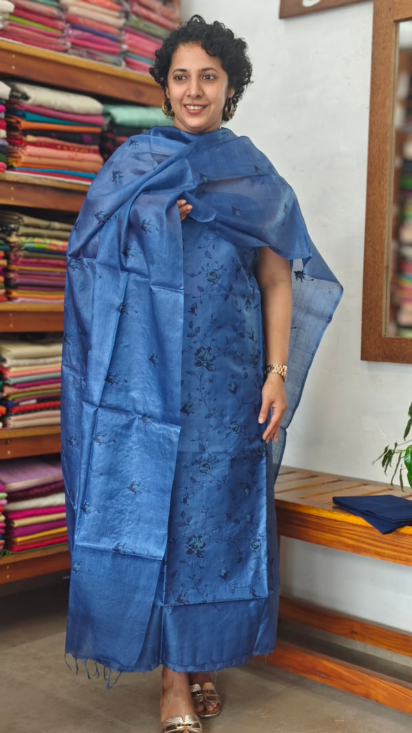 Azure Blue Embroidered Tussar Silk Suit