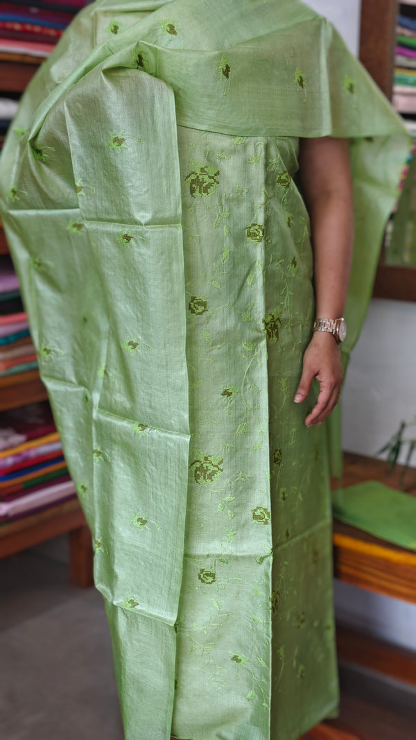 Limeric Green Embroidered Tussar Silk Suit