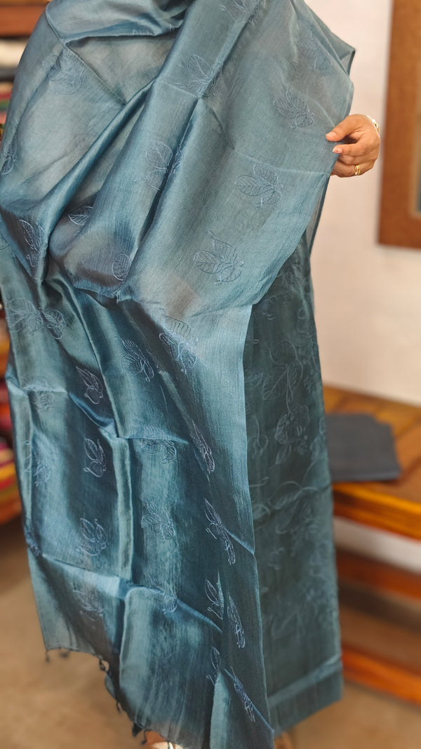 Agean Blue Embroidered Tussar Silk Suit - GS10