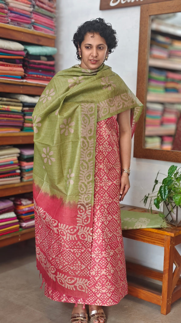 Pink and Green Batik Printed Slub Cotton Suit