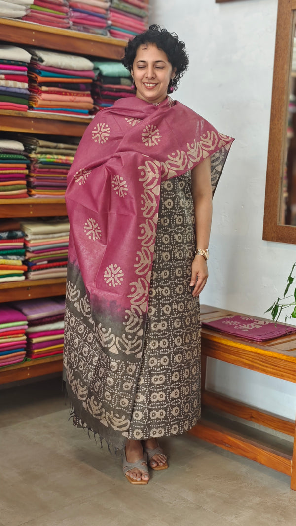 Grey and Pink Batik Printed Slub Cotton Suit