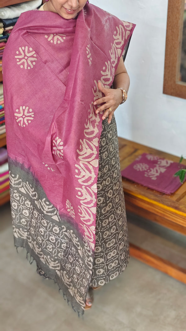 Grey and Pink Batik Printed Slub Cotton Suit
