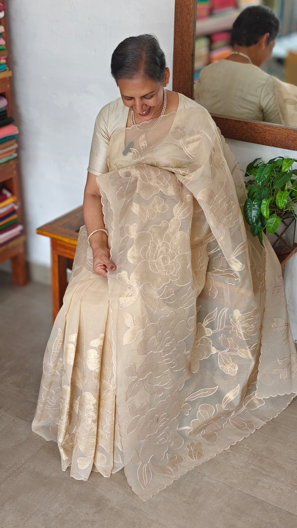 Light Beige Kota Saree with Applique Work - 2309