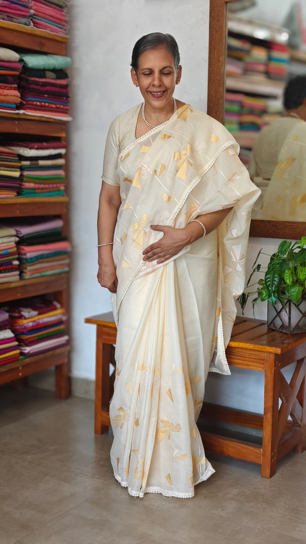 Pastel Yellow Silky Kota Embroidered Saree - 8023