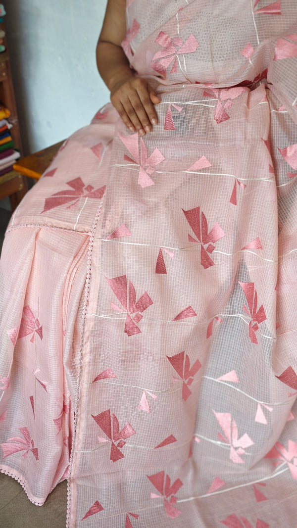 Pink Silky Kota Embroidered Saree - 8023