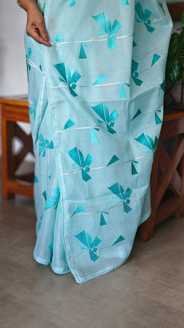 Cyan Blue Silky Kota Embroidered Saree - 8023