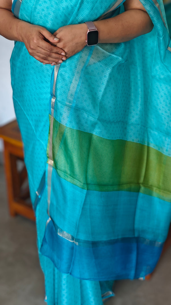 Cyan Blue Printed Kota Silk Saree - KTS3