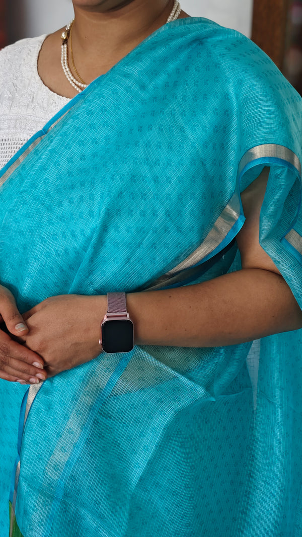 Cyan Blue Printed Kota Silk Saree - KTS3
