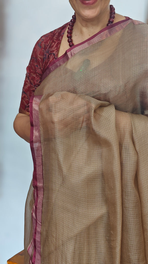 Beige and Wine Kota Silk Saree - KTS3