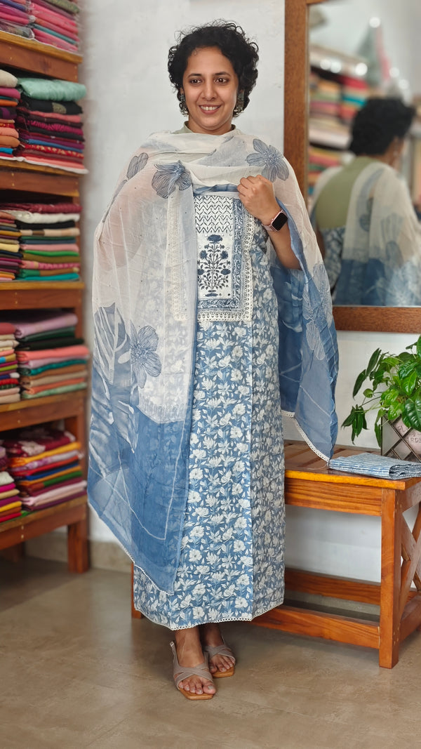 Blue Printed Cotton Suit with Chiffon Dupatta - 833F