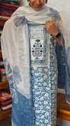 Blue Printed Cotton Suit with Chiffon Dupatta - 833F