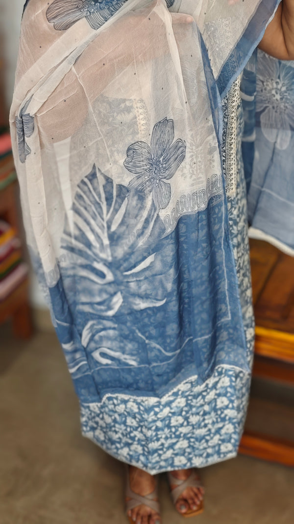 Blue Printed Cotton Suit with Chiffon Dupatta - 833F