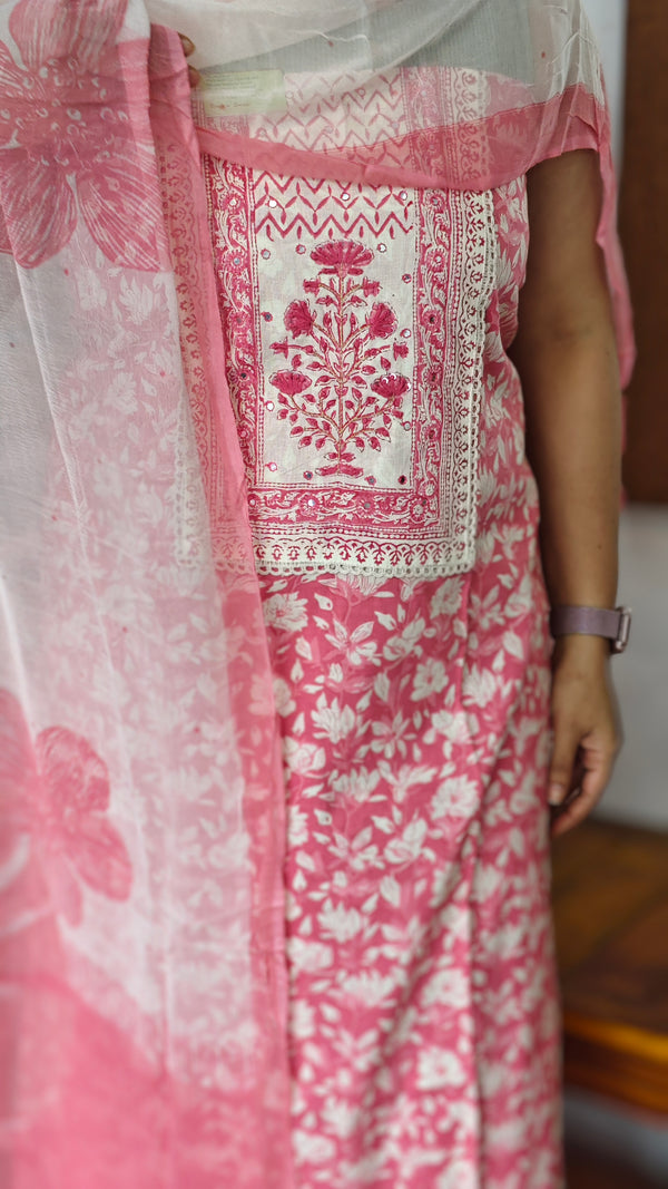 Pink Printed Cotton Suit with Chiffon Dupatta - 833F