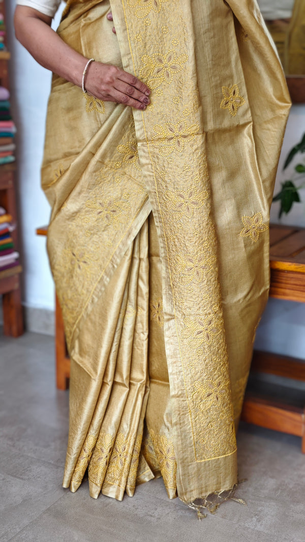 Mustard shade Pure Tussar Silk Embroidered Saree - XLN4