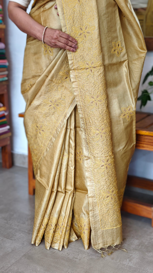 Mustard shade Pure Tussar Silk Embroidered Saree - XLN4