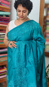 Peacock Blue Pure Tussar Silk Embroidered Saree - XLN4