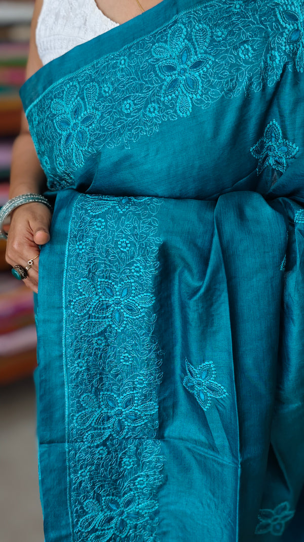 Peacock Blue Pure Tussar Silk Embroidered Saree - XLN4