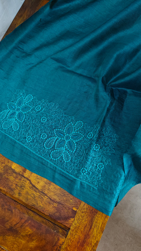 Peacock Green Pure Tussar Silk Embroidered Saree - XLN4
