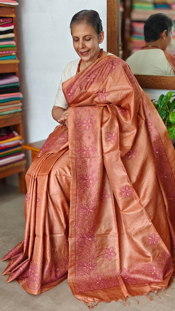 Rust Shade Pure Tussar Silk Embroidered Saree - XLN4