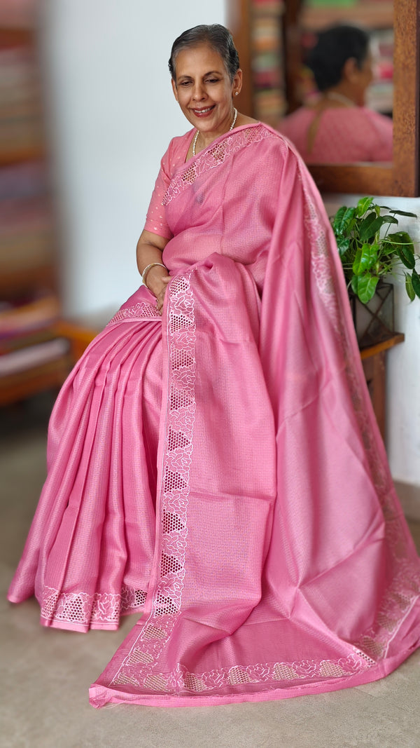 Blush Pink Net Kota Cutwork Saree - 409M - 1