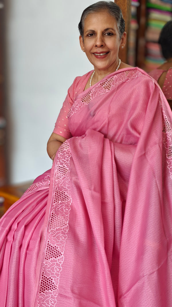 Blush Pink Net Kota Cutwork Saree - 409M - 1