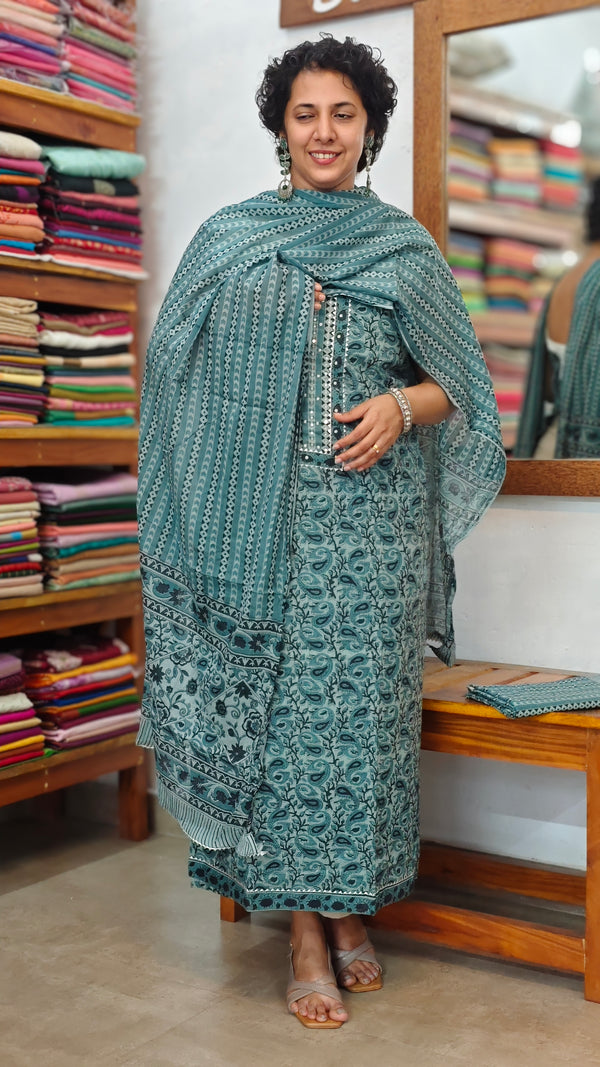 Dark Teal Printed Cotton Suit