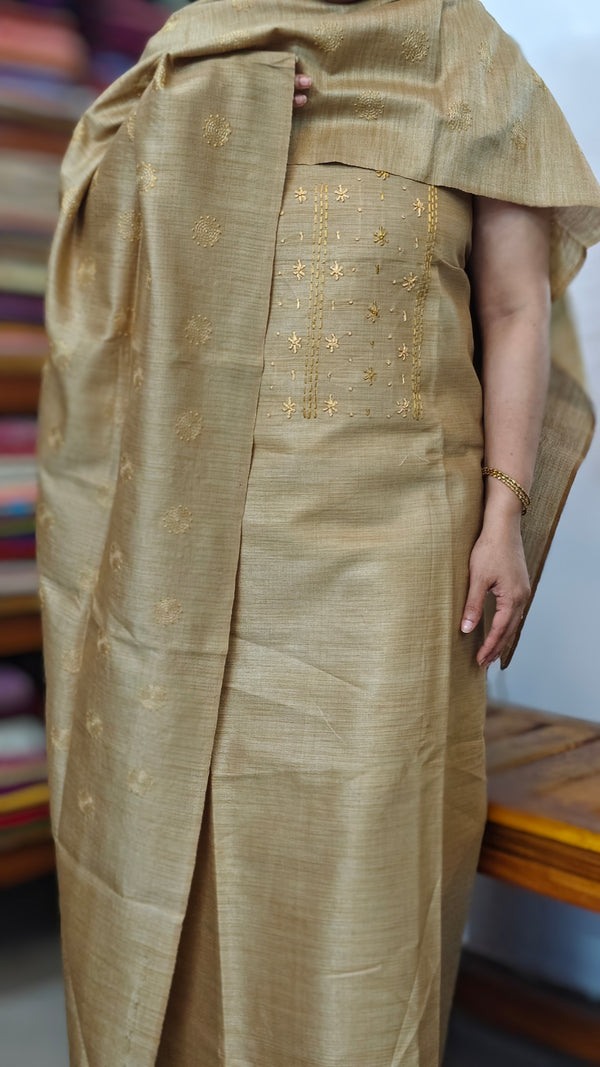 Olive Brown Embroidered Semi Tussar Suit