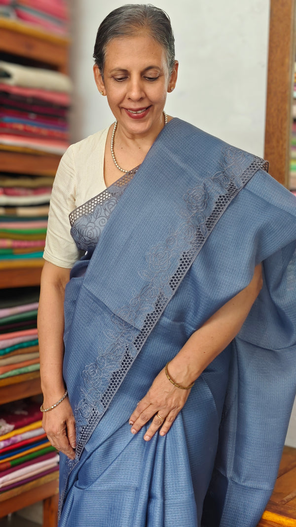 Agean Blue Net Kota Saree with Cutwork - 409M - 2