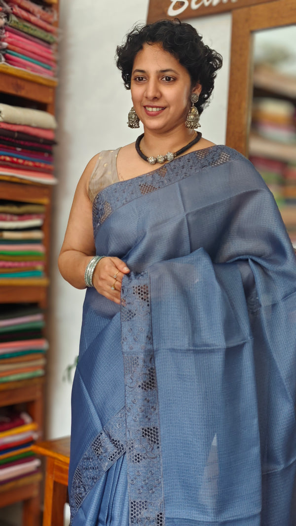 Agean Blue Kota Saree with Cutwork - 409M - 3