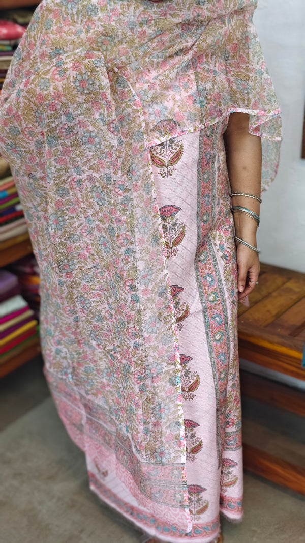 Light Pink Block Printed Chanderi Suit with Kota Doria Dupatta