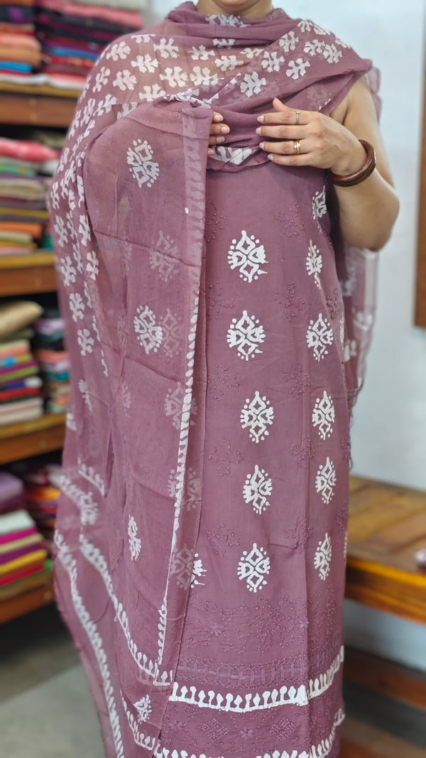 Mauve Block Printed Cotton Suit