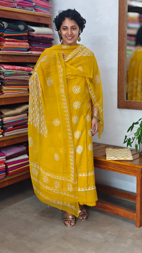 Mustard Cotton Block Printed Suit